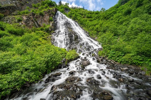Bridalveil Falls waterfall, canyon, long exposure, Keystone Canyon, Richardson Highway, Alaska, USA