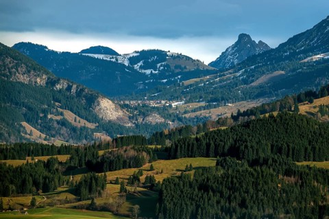 View from Kirwang, of the Allgäu Alps, back middle Oberjoch, back right Rote Flüh, Oberstdorf,