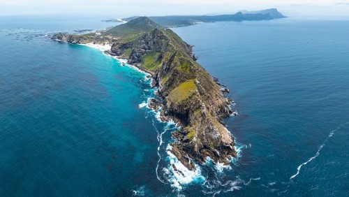 Aerial view, cliffs and sea at Cape of Good Hope, Cape Point Lighthouse, Cape Peninsula, Cape Point