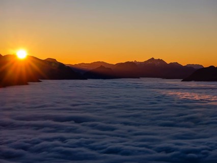 Sunset in the mountains, in the Fog Sea valley, Chiemgau Alps, Upper Bavaria, Bavaria, Germany
