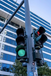 Traffic light at Ernst Reuter Platz in Berlin-Charlottenburg, frog-eye view, Berlin, Germany