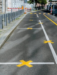 Yellow road marking at construction sites in Berlin, Germany