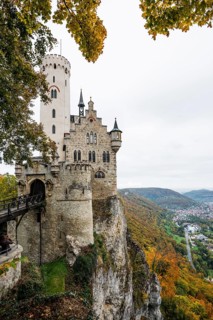 Castle and autumnal forest, Lichtenstein Castle, Honau, Echaz Valley, Swabian Jura,