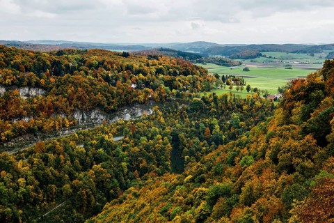 View, panorama of Lichtenstein Castle, Honau, Echaz Valley, Swabian Jura, Baden-Württemberg,