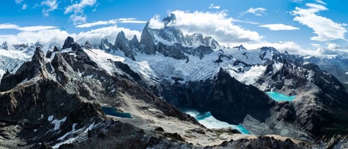 Aerial View, Epic Panorama, Large Glaciers, Lago de los Tres Laguna Sucia Glacier Lakes, Mountains