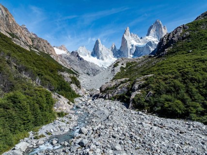 Epic panorama, rocky mountain landscape, glacier and summit of Monte Fitz Roy in the background,