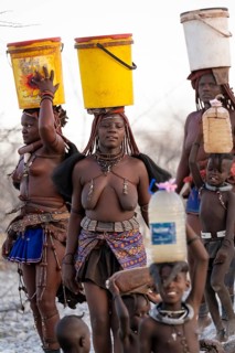 Himba woman fetching water, heavy water bucket on their heads, traditional Himba, Kaokoveld,
