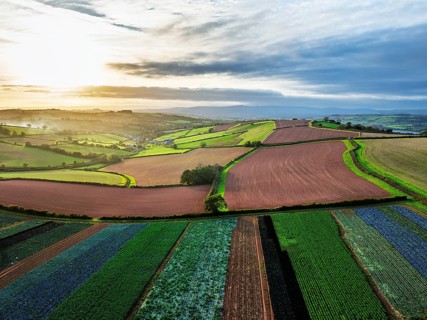 Colours of autumn Fields and Farms over Sheldon from a drone, Torbay, Devon, England, United
