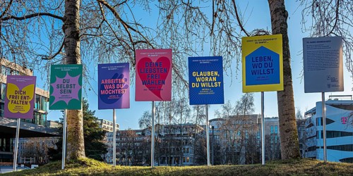 75 years of Basic Law, display boards at the Hessian State Representation in the Ministergärten on