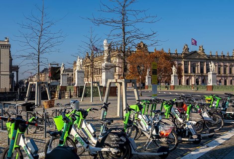 Parked electric scooters at Schlossbrücke, Unter den Linden, Berlin, Germany