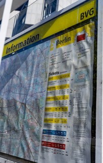 Bus stop with timetable at Ernst Reuter Platz in Berlin-Charlottenburg, Germany