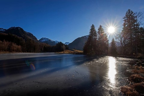 Moor, moor pond, icy, winter, backlight, back Allgäu Alps, Oberstdorf, Oberallgäu, Allgäu, Bavaria,