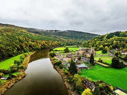 Autumn over Wye Valley and River Wye from a drone, Tintern, Chepstow, Monmouthshire, Wales, UK
