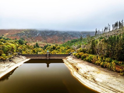 Pen y Garreg Dam and Reservoir from a drone, Elan Valley, Rhayader, Powys, Wales, UK