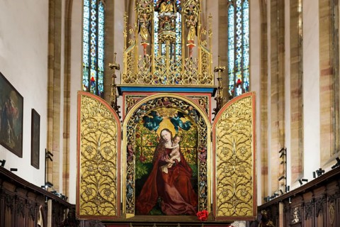 Famous medieval painting, Madonna in the Garden of Roses, by Martin Schongauer, Dominican Church,