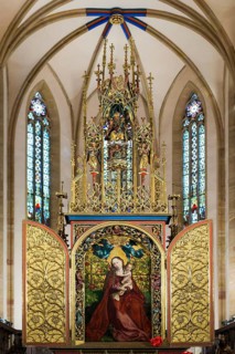 Famous medieval painting, Madonna in the Garden of Roses, by Martin Schongauer, Dominican Church,