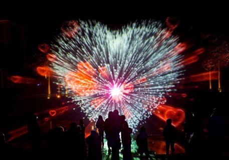 Illumination during the Herbstlichtgarten event in Sauerlandpark in the evening in Hemer,