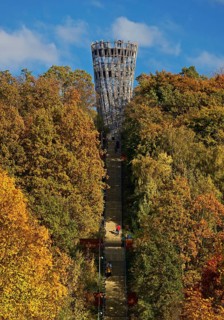 View of the Jübergturm with the stairway in Sauerlandpark in autumn, Hemer, Märkischer Kreis,