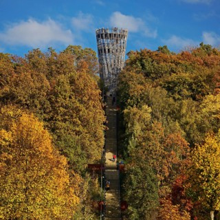 View of the Jübergturm with the stairway in Sauerlandpark in autumn, Hemer, Märkischer Kreis,