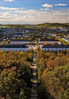 View from the Jübergturm of Sauerland Park in autumn and the city center of Hemer, Märkischer