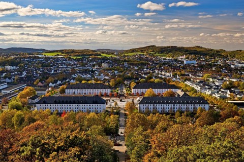 View from the Jübergturm of Sauerland Park in autumn and the city center of Hemer, Märkischer