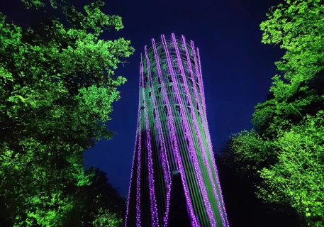 Illumination of the Jübergturm during the HerbstlichtGarten event in Sauerlandpark in Hemer,