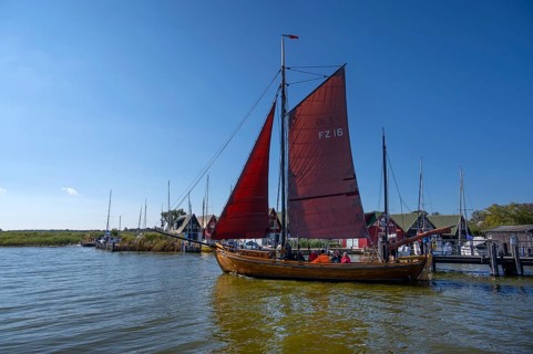 Zeesboot, former historic fishing boat, leaves the port of Ahrenshoop, blue sky, Darß,