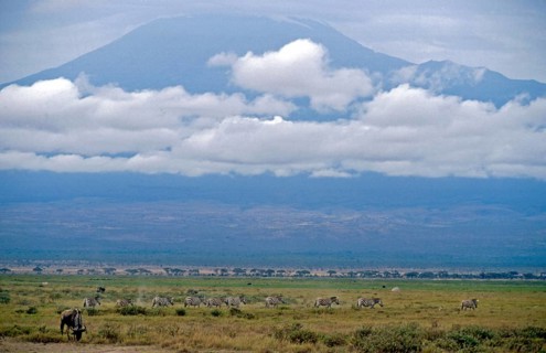 View of Mount Kilimanjaro from Amboseli National Park, Kenya, Africa, June 2000, vintage, retro,