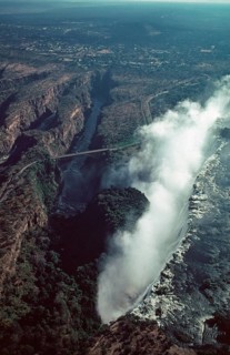 Aerial view, Victoria Falls, Zambezi, Zambezi Bridge, Zimbabwe, Africa, June 2000, vintage, retro,