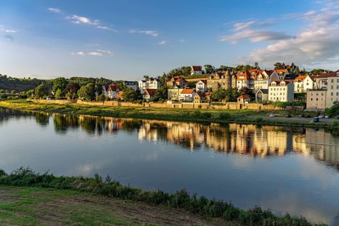 Residential buildings and the Elbe in Meissen, Saxony, Germany