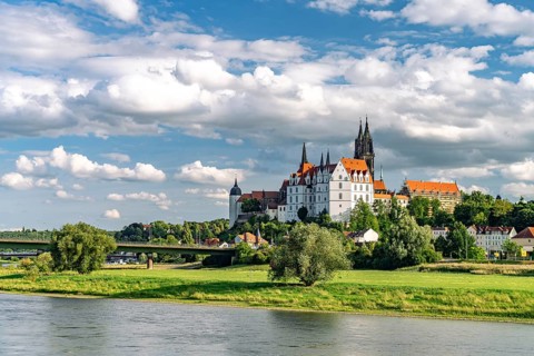 The castle hill with Albrechtsburg, cathedral and the Elbe in Meissen, Saxony, Germany