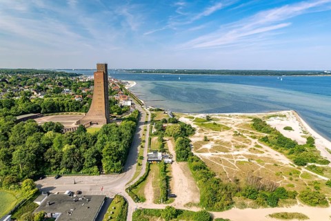 Laboe with the naval memorial, beach and dune landscape on the Kiel Fjord seen from above, Laboe,