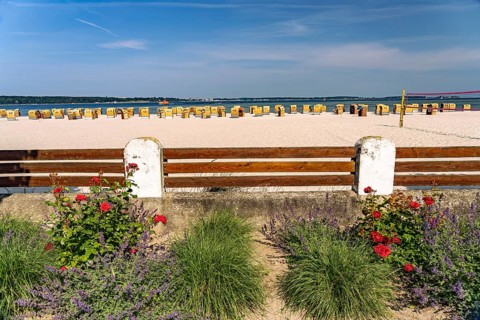 Beach chairs on the beach of Laboe on the Kiel Fjord, Laboe, Schleswig-Holstein, Germany