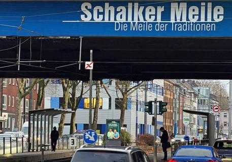 Schalker Meile logo on the A42 motorway bridge, Schalke district exit, Gelsenkirchen, Ruhr area,