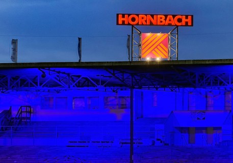 Hornbach sign above the Glückauf Kampfbahn of FC Schalke 04, Gelsenkirchen, Ruhr area, North