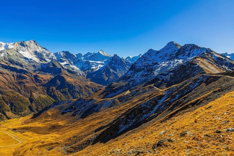 Snow-capped peaks in Val d'Anniviers, view from Corne de Sorebois mountain peak, Val d'Anniviers,