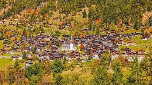 The mountain village of Ayer with autumn colors, Val d'Anniviers, Valais Alps, Canton of Valais,