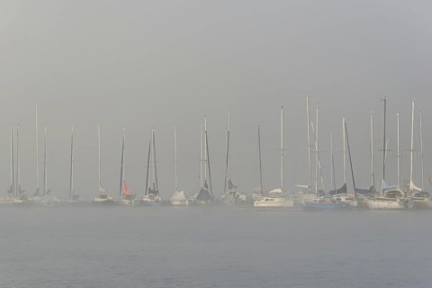 Hennesee, sailboats at boat dock in thick fog, Hennetalsperre, Sauerland-Rothaargebirge nature park