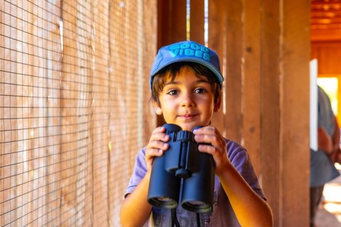 Curious child in a blue cap with good vibes holding binoculars, exploring nature and observing