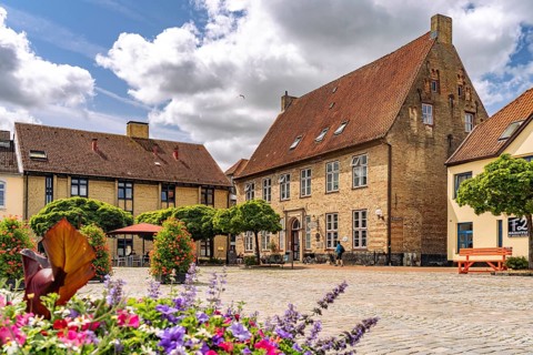 The town hall market in the old town of Schleswig, Schleswig-Holstein, Germany