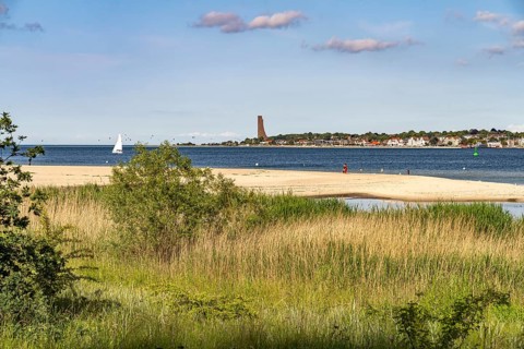 View of Laboe from Falkensteiner Beach with the Naval Memorial on the Kiel Fjord, Kiel,