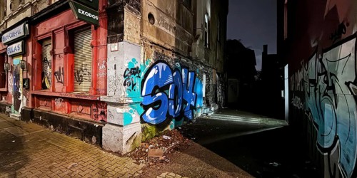 Decaying façade smeared with graffiti, scrap property in a no-go area, Gelsenkirchen, Ruhr area,