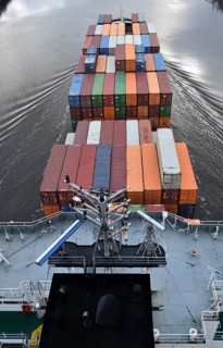 Aerial view of shipping container, container ship NORDIC PORTO photographed from above, Kiel Canal,