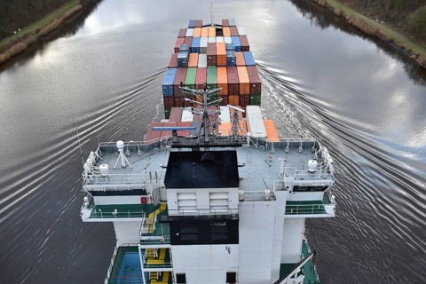 Aerial view of shipping container, container ship NORDIC PORTO photographed from above, Kiel Canal,