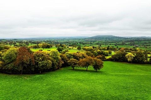 Autumn colours over Wales Farms and Fields from a drone, Grosmont, Abergavenny, Monmouthshire,