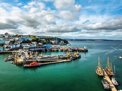 Brixham Hourbour and Brixham Marina from a drone, Brixham, Torbay, Devon, England, United Kingdom