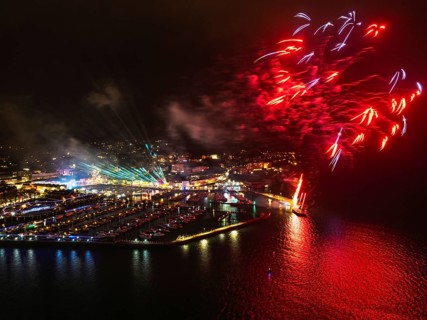 Bay of Lights Illumination Trail Fireworks over Torquay Horbour from a drone, Torbay, Devon,