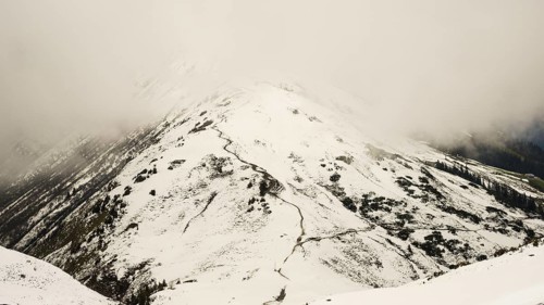 Another onset of winter in May, hiking trail from the Kanzelwandbahn mountain station to the