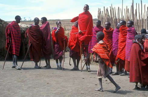 Maasai men showing traditional jumps, Ngorongoro Crater, Tanzania, Africa, June 2000, vintage,