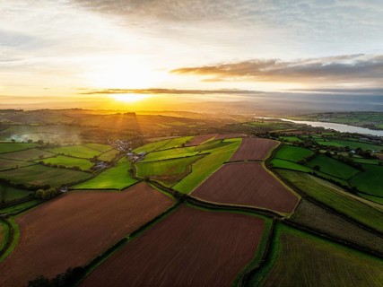 Colours of autumn Fields and Farms over Sheldon from a drone, Torbay, Devon, England, United